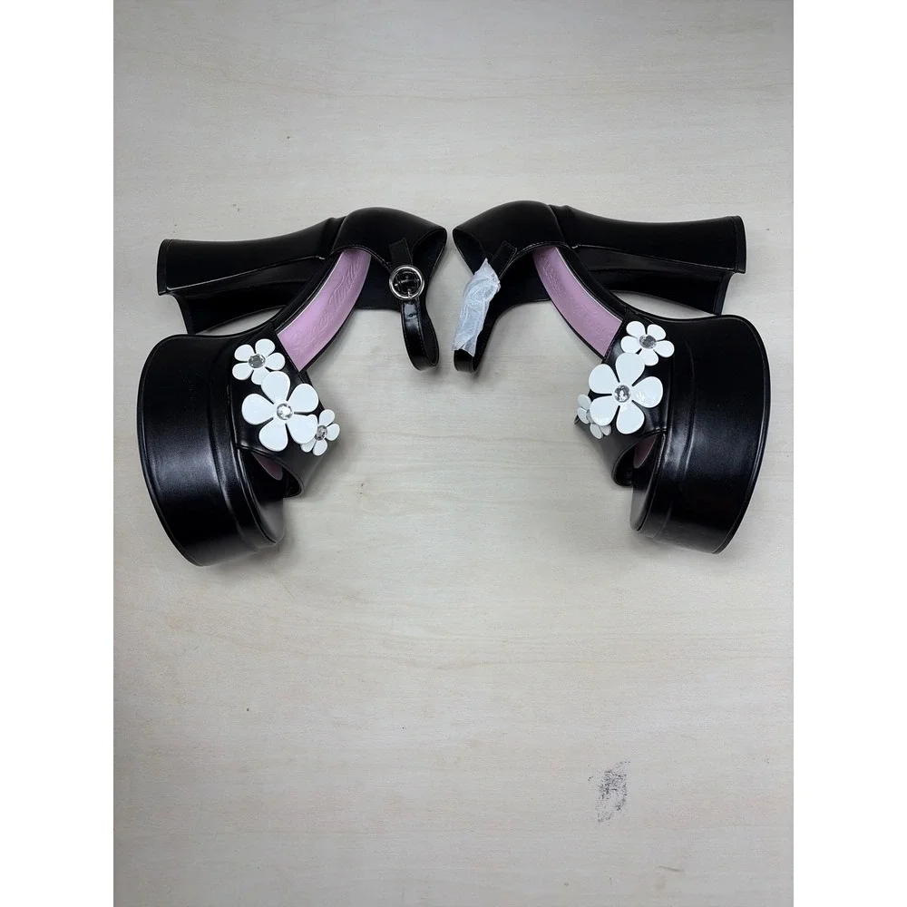 Sugar Thrillz Black Daisy Platform Sandals Chunky Heel Y2K Dollcore Floral size7